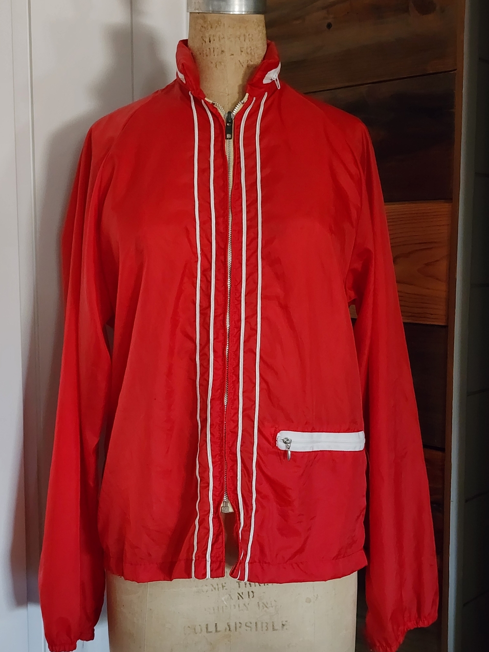 Vintage Red Windbreaker Jacket with White Trim